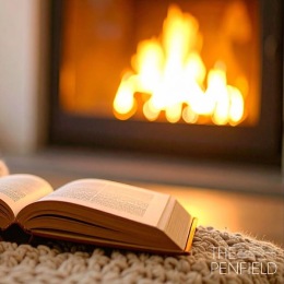 a book on a floor with a fireplace