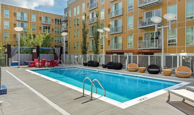 a swimming pool in a courtyard
