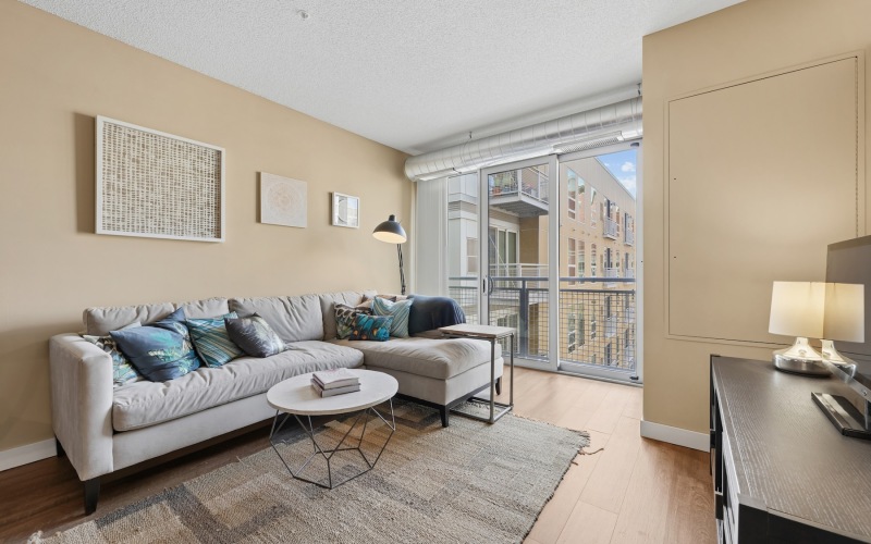 a living room with a couch and a coffee table